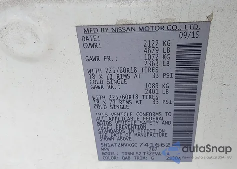 2016 Nissan Rogue Sl z USA, uszkodzony, nr VIN 5N1AT2MVXGC741662